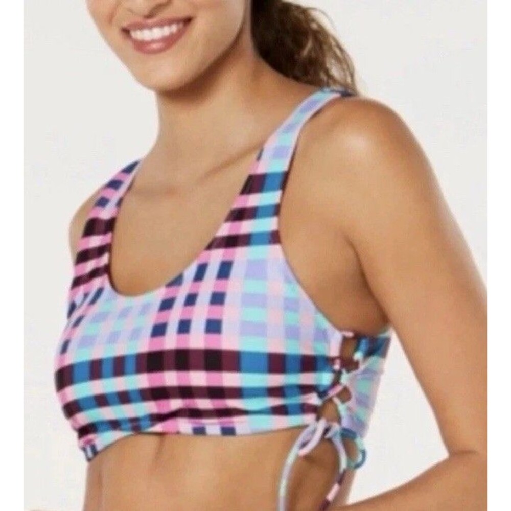 Hula Honey Bikini Swim TOP Sz Large Side Ties Padded Multicolor Checkered Sporty